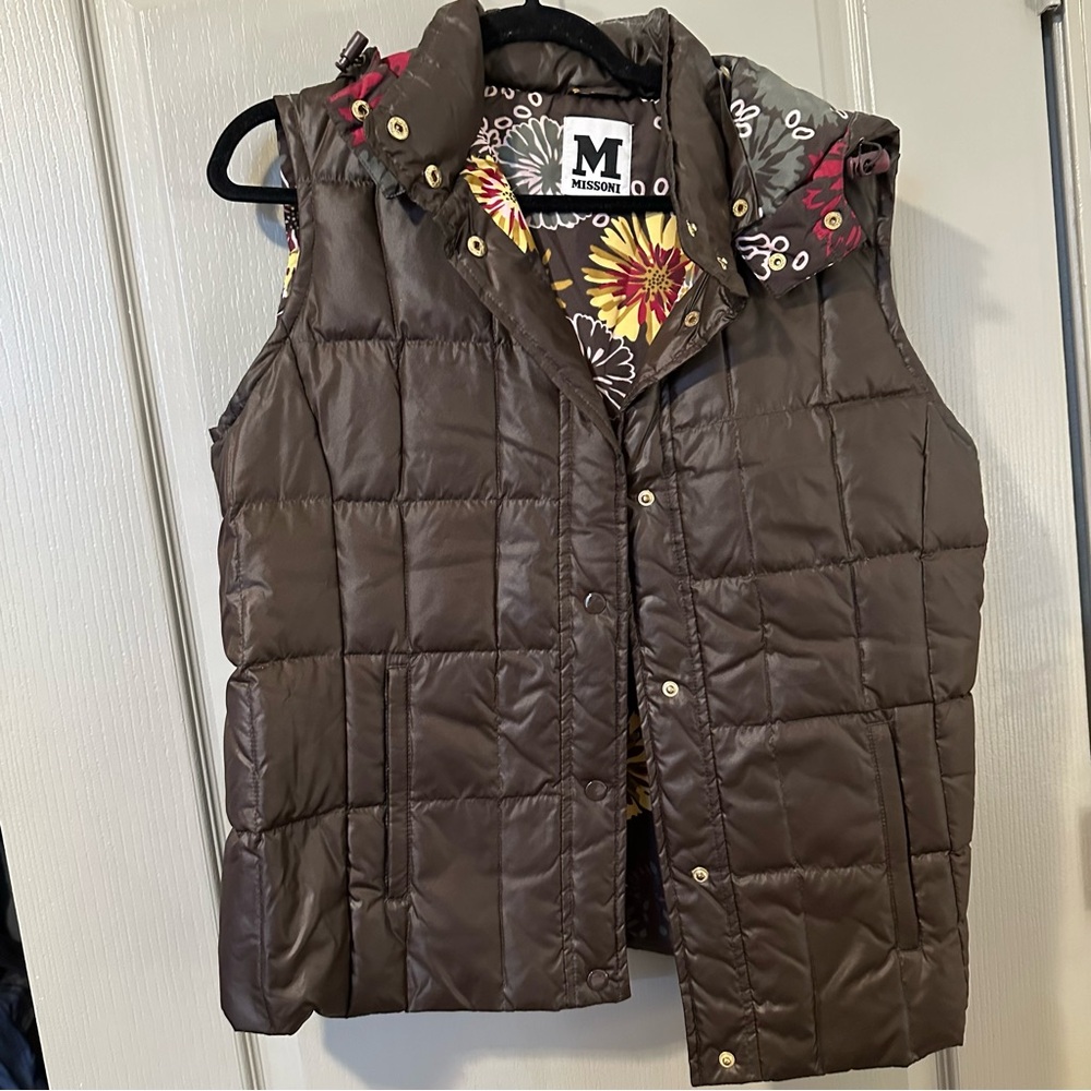 Brown Puffer Vest with Floral Lining Missoni 12 Brown Y2K Detachable Hood